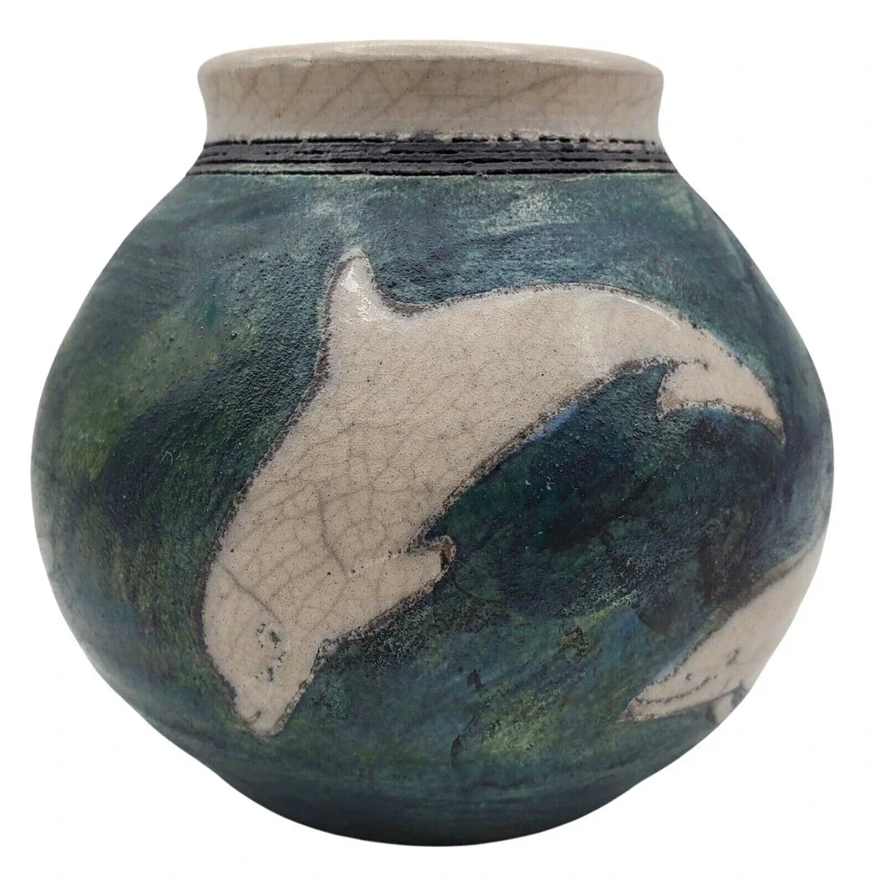 Ben Diller Raku Pottery Dolphin Vase Signed Artist Ceramic Pot Ocean Marine Life